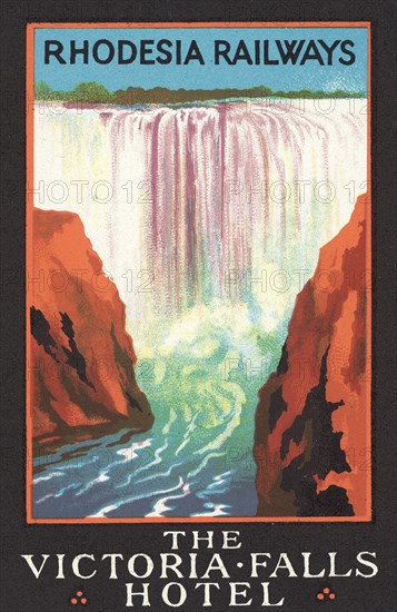 Rhodesia Railways' advert for the Victoria Falls Hotel. An advert distributed by 'Rhodesia Railways' promotes the Victoria Falls Hotel with a stylised illustration of the famous waterfall. The luxury hotel was built at Victoria Falls in 1904 to accommodate the influx of tourists brought by the newly developed railway. Matabeleland, Southern Rhodesia (Matabeleland North, Zimbabwe), circa 1936. Victoria Falls, Matabeleland North, Zimbabwe, Southern Africa, Africa.