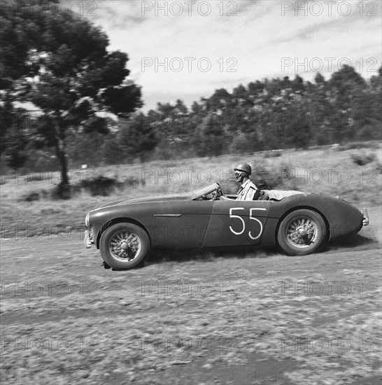 Number 55. An Austin-Healey racing car driven by Morland, competes in race number eight at the Eldoret race meeting. Eldoret, Kenya, 27 December 1954. Eldoret, Rift Valley, Kenya, Eastern Africa, Africa.