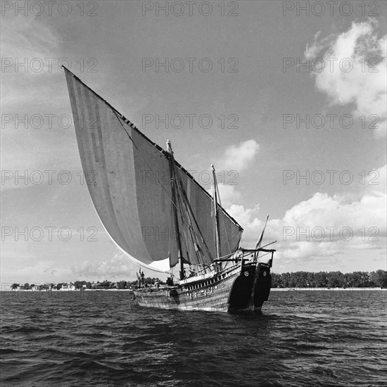 Dhow at sea. A small dhow sailing off the coast of Zanzibar (now Tanzania) in the Indian ocean. Zanzibar (Tanzania), 3-12 March 1953., Zanzibar Central/South, Tanzania, Eastern Africa, Africa.