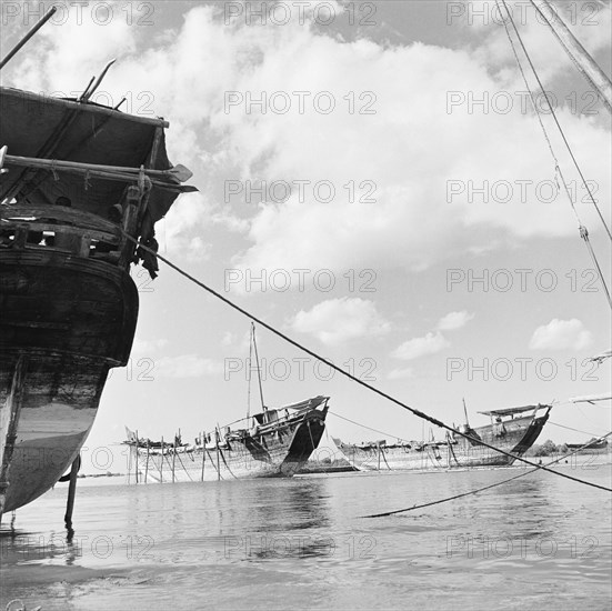 Dhows in a harbour. Dhows in a harbour off the coast of Zanzibar (now Tanzania) in the Indian ocean. Zanzibar (Tanzania), 3-12 March 1953., Zanzibar Central/South, Tanzania, Eastern Africa, Africa.