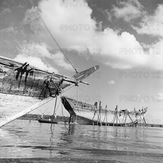 Dhows in a harbour. Dhows in a harbour off the coast of Zanzibar (now Tanzania) in the Indian ocean. The boat furthest away is propped up on stakes out of the water and has no masts. Zanzibar (Tanzania), 3-12 March 1953., Zanzibar Central/South, Tanzania, Eastern Africa, Africa.