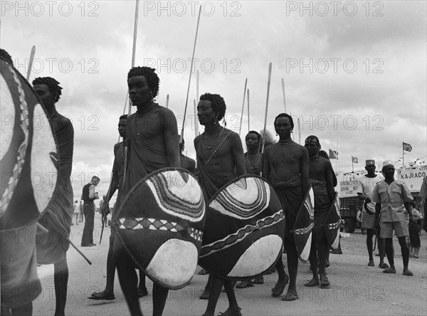 Maasai warriors. Maasai warriors holding spears and shields parade in traditional dress as they take part in a 'ngoma', a word meaning drum that is also used to describe traditional celebrations. Kajiado, Kenya, 2 June 1953. Kajiado, Rift Valley, Kenya, Eastern Africa, Africa.