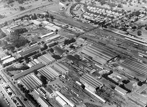 Railway yards, Nairobi. An aerial photograph from the publicity department of the East African Railways and Harbours Administration (EAR&H) showing the railway workshops and sheds at its Nairobi headquarters. Nairobi, Kenya, circa 1960. Nairobi, Nairobi Area, Kenya, Eastern Africa, Africa.