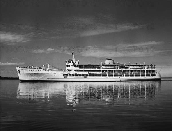 SS Victoria on Lake Victoria. A publicity photograph from the East African Railways and Harbours Administration (EAR&H) showing the SS Victoria, a passenger ferry servicing the ports of Lake Victoria. Lake Victoria, Kenya, circa 1960. Kisumu, Nyanza, Kenya, Eastern Africa, Africa.
