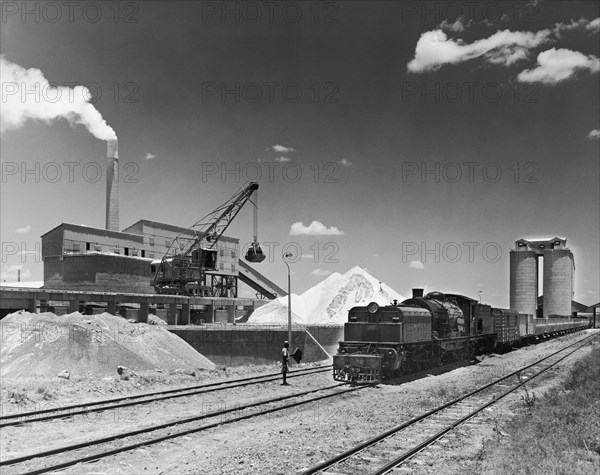 Limestone freight train. A publicity photograph from the East African Railways and Harbours Administration (EAR&H) showing a train laden with limestone from the Kabini Hill quarry arriving at the Athi river plant of the East African Portland Cement Company. Near Nairobi, Kenya, circa 1950., Nairobi Area, Kenya, Eastern Africa, Africa.