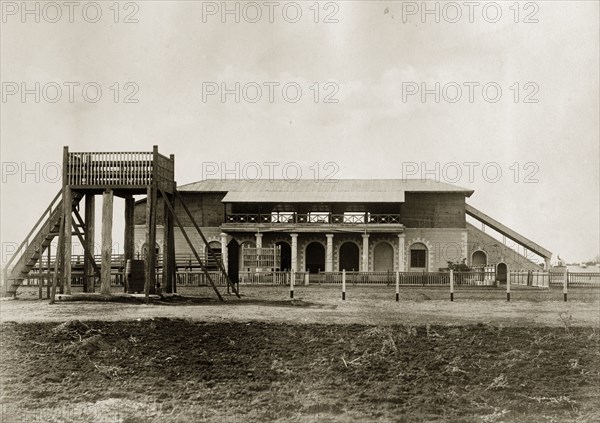 Race stand at Banglaore. A spectator stand and raised commentary box at a race track. Bangalore, India, circa 1880. Bangalore, Karnataka, India, Southern Asia, Asia.