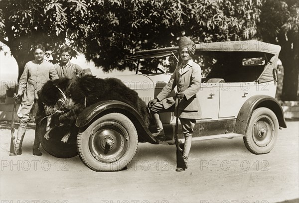 Brown bears on a Cadillac. An Indian gentleman in Western dress poses, shotgun in hand, after a hunt. His foot rests on the fender of his Cadillac car, the carcasses of two brown bears draped over the bonnet. India, circa 1930. India, Southern Asia, Asia.