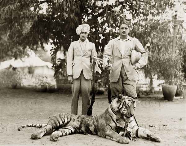 Tiger kill. Two Indian men in Western dress pose proudly over their recent tiger kill, cigar and shotguns in hand. India, circa 1930. India, Southern Asia, Asia.