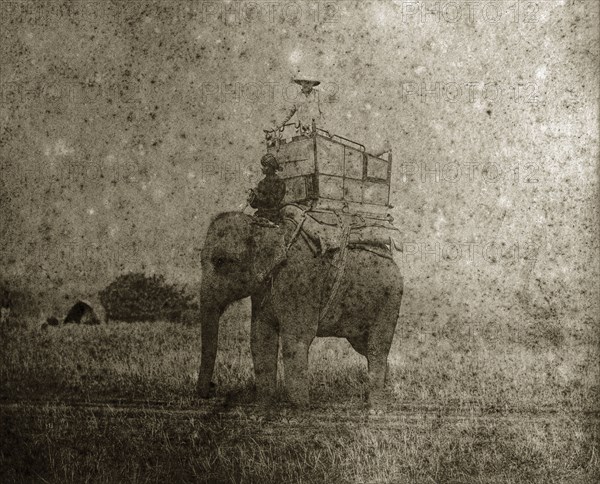 A hunting elephant and its mahout. A British man gazes out from a howdah on the back of hunting elephant, whilst an Indian mahout (elephant handler) hold the reins. North East India, circa 1890. India, Southern Asia, Asia.