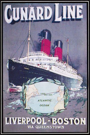 Cunard Line poster. A 1990s reproduction of an early Cunard Line poster, depicting the SS Franconia to advertise the service running between Liverpool and Boston. Location unknown, circa 1912.