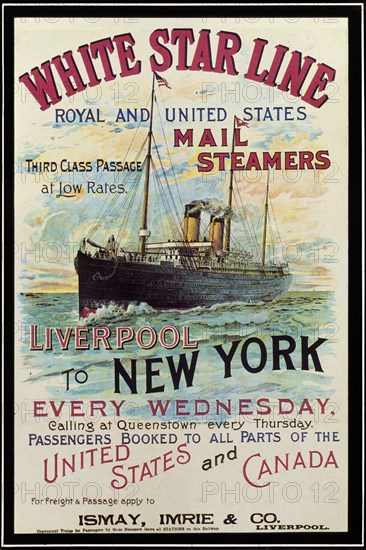 White Star Line poster. A 1990s reproduction of an early White Star Line poster, advertising the White Star Line's Mail Steamer service running from Liverpool to New York. Location unknown, circa 1900.