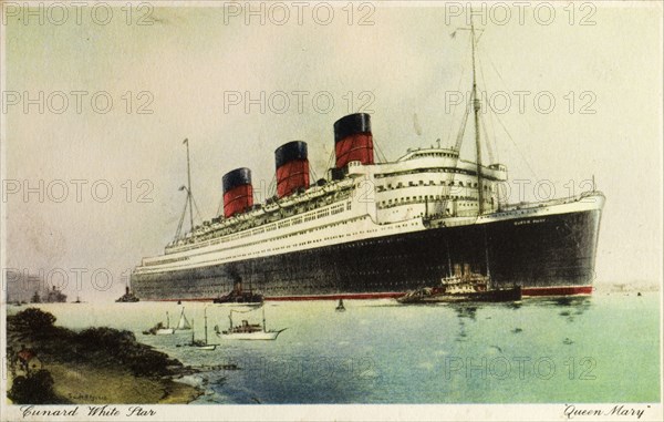 RMS Queen Mary. Postcard of a drawing that depicts the RMS Queen Mary pulling away from a harbour. The size comparison between the liner and the small boats that surround her emphasises the ship's enormity. Location unknown, circa 1950.