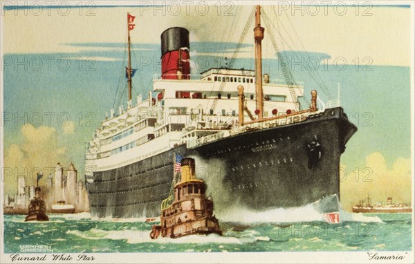 RMS Samaria leaves New York. Postcard of a drawing by Kenneth Shoesmith that depicts the RMS Samaria heading out to sea from port accompanied by smaller sea vessels, including one that flies the American flag. New York, United States of America, circa 1928. New York, New York, United States of America, North America, North America .