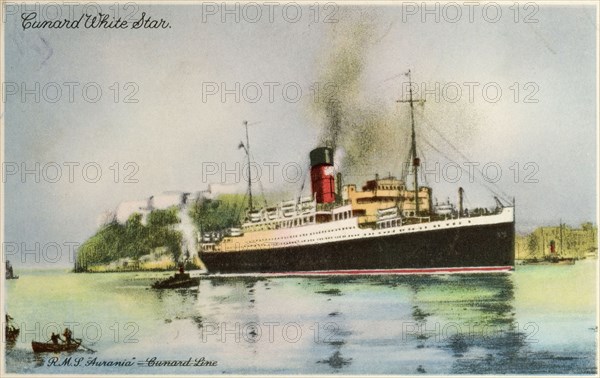 RMS Aurania steam liner. Postcard of a drawing that depicts the RMS Aurania pulling away from a harbour. Location unknown, circa 1935.