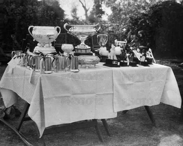 Golf trophies, Burma (Myanmar). A selection of golf trophies are arranged on a table at an awards ceremony for the Burma Open Championship being held at the Rangoon Golf Club. Rangoon (Yangon), Burma (Myanmar), circa 1952. Yangon, Yangon, Burma (Myanmar), South East Asia, Asia.