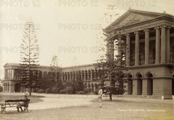 Public buildings, Bangalore. Neo-classic public buildings, possibly located within the boundaries of Cubbon Park. Banglaore, India, circa 1910. Bangalore, Karnataka, India, Southern Asia, Asia.