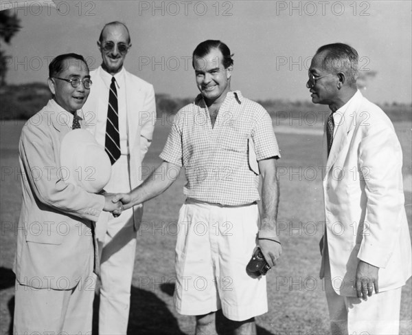 Winner of the Burma Open Championship. The President of the Rangoon Golf Club gives a congratulatory handshake to George Murray, the proud winner of the Burma Open Championship. Rangoon (Yangon), Burma (Myanmar), circa 1952. Yangon, Yangon, Burma (Myanmar), South East Asia, Asia.