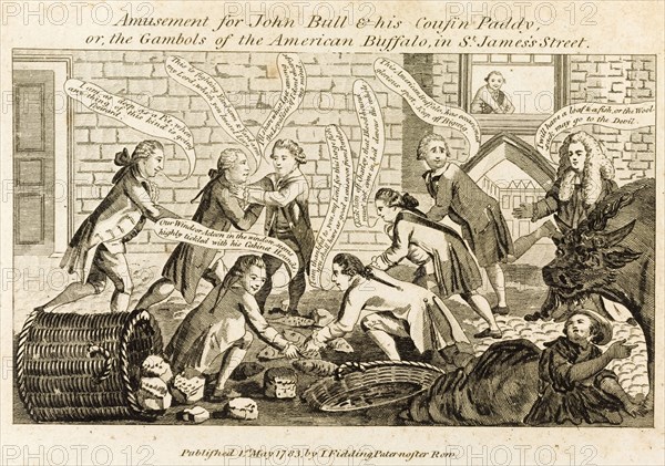The Gambols of the American Buffalo in St James' Street'. Originally captioned 'The Gambols of the American Buffalo in St James' Street', this satirical cartoon depicts ministers and would-be ministers scrambling for loaves and fish scattered on the ground by a buffalo appearing to the right. London, England, 1 May 1783. London, London, City of, England (United Kingdom), Western Europe, Europe .
