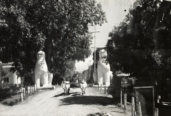 Lion statues guard a Burmese road. A cattle-drawn cart travels along a road guarded by two large, stone statues of lions. Burma (Myanmar), circa 1910. Burma (Myanmar), South East Asia, Asia.