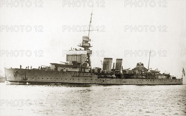 HMS Dragon. Light cruiser HMS Dragon, one of the ships that participated in the world cruise of the British Special Service Squadron 1923-4. Location unknown, circa 1923.