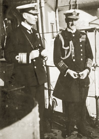 Viscount Jellicoe of Scapa and Vice-Admiral Field. Admiral of the Fleet and Governor General of New Zealand, Viscount Jellicoe of Scapa, pictured with Vice-Admiral Field on the bridge of HMS Hood. Location unknown, circa 1923.