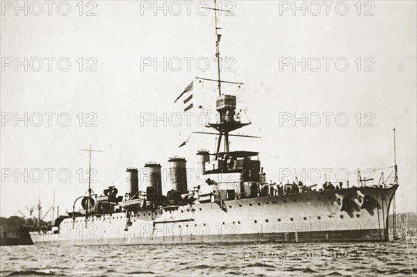 HMAS Adelaide. Light cruiser HMAS Adelaide, one of the ships that participated in the world cruise of the British Special Service Squadron 1923-4. Location unknown, circa 1923.