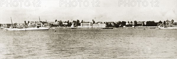 Panorama of Zanzibar. An panoramic view of the coast of Zanzibar taken from the sea. Zanzibar (Tanzania), 12-17 January 1924. Zanzibar Town, Zanzibar Urban/West, Tanzania, Eastern Africa, Africa.