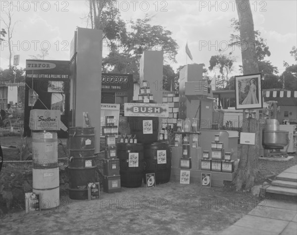 P.G. Warren & Co at the Royal Show. A variety of goods in boxes and barrels are stacked up on display on the P.G Warren & Co stand at the Royal Show. Kenya, 17-20 October 1956., Eastern Africa, Africa.