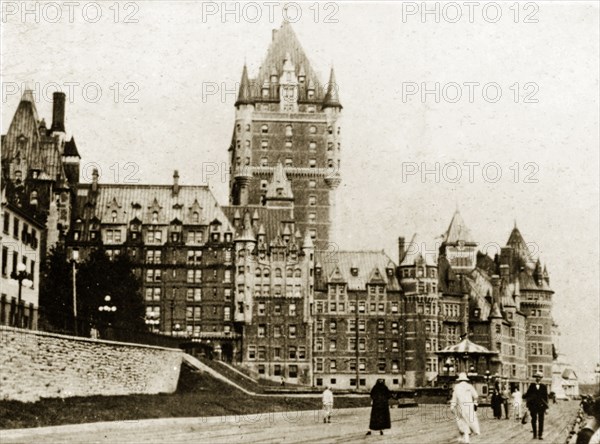 The Chateau Frontenac Hotel. View of the grandiose Chateau Frontenac Hotel built by the CPR (Canadian Pacific Railway) and opened in 1893. Quebec, Canada, 18 August-2 September 1924. Quebec, Quebec, Canada, North America, North America .