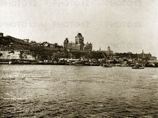 Quebec waterfront. The grandiose Chateau Frontenac Hotel overlooks the waterfront. Quebec, Canada, 18 August-2 September 1924. Quebec, Quebec, Canada, North America, North America .