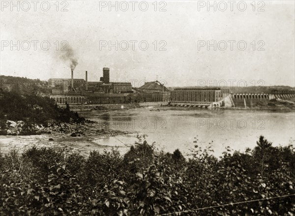 Laurentide pulp mills. View of the Laurentide pulp mills in the St Maurice river valley, one of several paper manufacturing companies who established their factories in the rural forested regions of Canada at the turn of the century. Grand-Mere, Canada, 18 August-2 September 1924. Grand-Mere, Quebec, Canada, North America, North America .