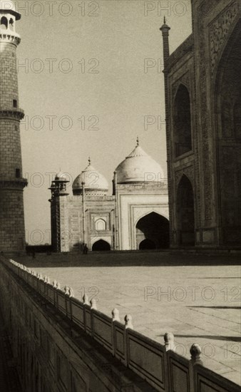 Looking out from the Taj Mosque. View from the side of the Taj Mahal, revealing part of the Taj Mosque, built from red sandstone. Agra, Uttar Pradesh, India, circa 1954. Agra, Uttar Pradesh, India, Southern Asia, Asia.