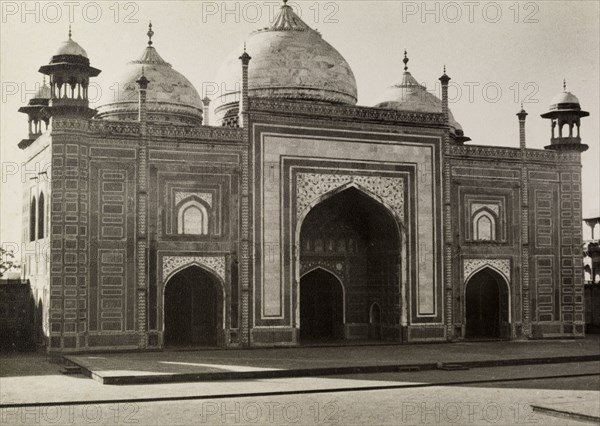 The Taj Mosque. The ornately decorated Taj Mosque, a red sandstone temple located inside the Taj Mahal complex. Agra, Uttar Pradesh, India, 1952. Agra, Uttar Pradesh, India, Southern Asia, Asia.