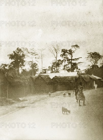 West African street. Postcard view of a west African village street. Western Africa, circa 1920., Western Africa, Africa.