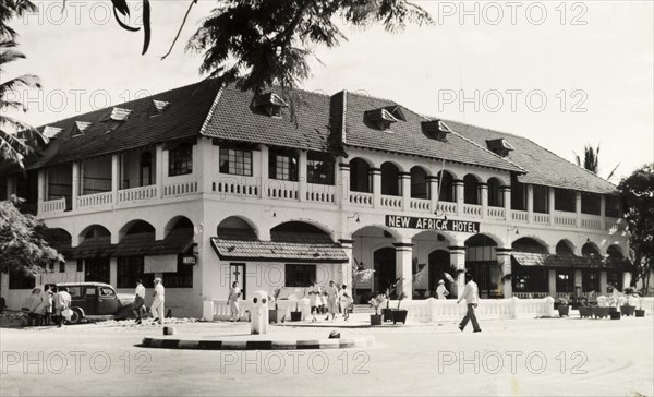 New Africa Hotel, Dar es Salaam. Exterior shot of the New Africa Hotel. Dar es Salaam, Tanganyika Territory (Tanzania), 1960. Dar es Salaam, Dar es Salaam, Tanzania, Eastern Africa, Africa.