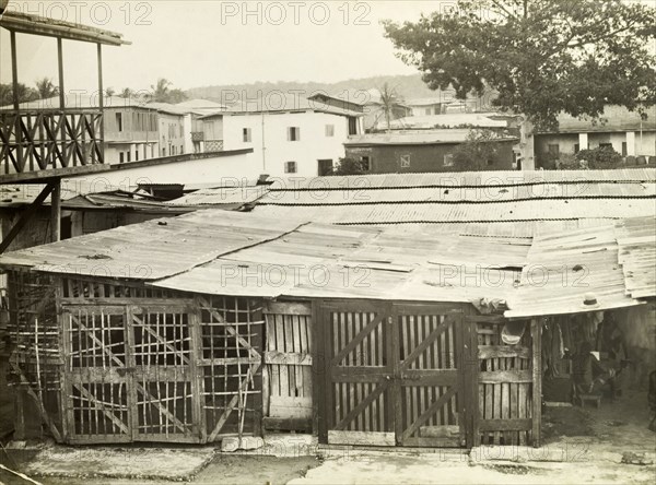 Gold Coast shanty town. The corrugated iron roofs of a shanty town. Accra, Gold Coast (Ghana), circa 1920. Accra, East (Ghana), Ghana, Western Africa, Africa.
