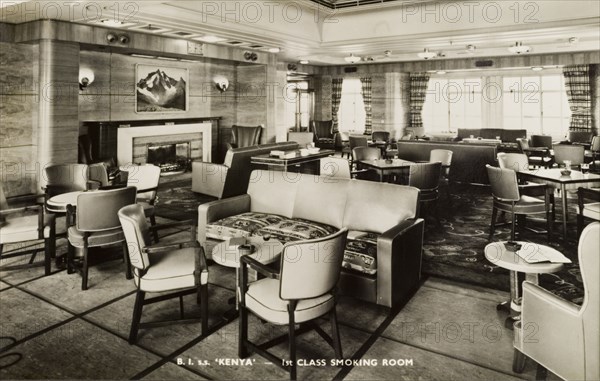 Smoking room aboard S.S. Kenya. Interior of the first class smoking room aboard S.S. Kenya, a passenger liner that entered service in 1951, operating from London to East Africa. Location unknown, circa 1952.