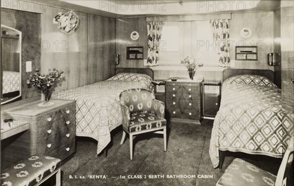 S.S. Kenya 1st class cabin. Interior of a first class two berth cabin aboard S.S. Kenya, a passenger liner that entered service in 1951, operating from London to East Africa. Location unknown, circa 1952.