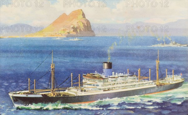 S.S. Perseus. A postcard depicts the S.S. Perseus at sea. Built in 1910, the steamer operated on the Blue Funnel Line between Britain, Australia and the Far East until it was sunk by a mine near Norway in 1944. Location unknown, circa 1920.
