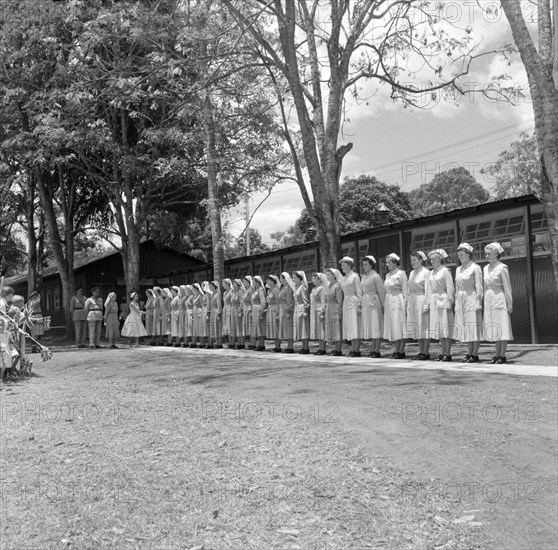 Princess Margaret meets British Military Hospital nurses. European nurses from the British Military Hospital line up outside to shake hands with Princess Margaret. A crowd of spectators holding union jack flags watch the proceedings. Nairobi, Kenya, 21 October 1956. Nairobi, Nairobi Area, Kenya, Eastern Africa, Africa.