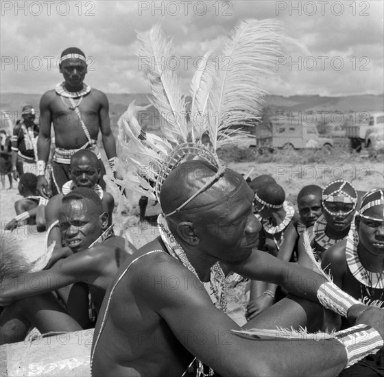 Wakamba headdress. Portrait of a male Wakamba dancer wearing a traditional headdress for Princess Margaret's visit. The crest of white feathers on his head matches his beaded wristbands, which are also decorated with white feathers. Machakos, Kenya, 22 October 1956. Machakos, East (Kenya), Kenya, Eastern Africa, Africa.