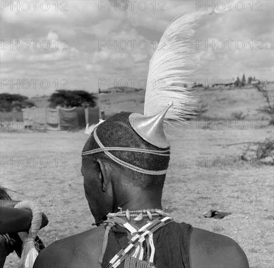 Wakamba headdress. Close-up shot of the back of a male Wakamba dancer's head. Dressed in ceremonial costume for Princess Margaret's visit, he displays an unusual conical headpiece decorated with a white feather and beaded head strings. Machakos, Kenya, 22 October 1956. Machakos, East (Kenya), Kenya, Eastern Africa, Africa.