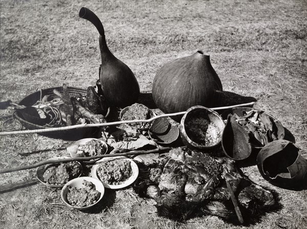 Ingredients for a Mau Mau oathing ceremony. A staged photograph of the ingredients and substances believed to be used by Mau Mau fighters when administering an oath of loyalty to new recruits. Kenya, circa 1953. Kenya, Eastern Africa, Africa.