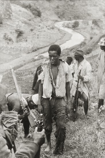 Captured Mau Mau suspect. A captured Mau Mau suspect, wearing a tattered shirt and trousers, stands on a hillside surrounded by heavily armed members of the Kikuyu Home Guard. Kenya, circa 1952. Kenya, Eastern Africa, Africa.