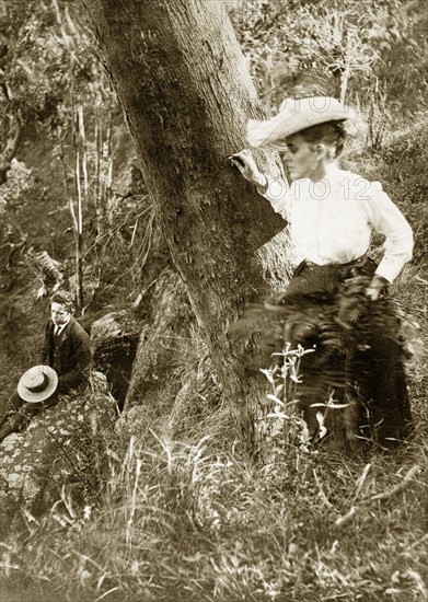 Walk in the outback, Australia. Ellen May Pughe, nee Brodribb, and her son Evan ('Goosey') Pughe, take a walk in the forested outback near to their home. Near Brisbane, Australia, circa 1908., Queensland, Australia, Australia, Oceania.
