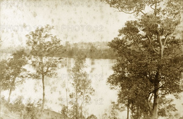 View of the Brisbane river. View through trees of the Brisbane river as it meanders through the outback. Queensland, Australia, circa 1890., Queensland, Australia, Australia, Oceania.