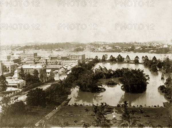 Flooding in Brisbane. View of the Botanical Gardens in flood from the top of Parliament House. Brisbane, Australia, March 1890. Brisbane, Queensland, Australia, Australia, Oceania.
