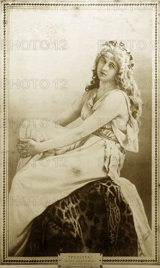 Mary Anderson as 'Perdita'. Photograph of a printed portrait featuring actress Mary Anderson playing the role of 'Perdita' in Shakespeare's play 'A Winter's Tale'. Location unknown, circa 1890.