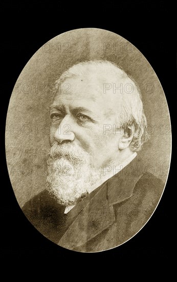 Portrait of Robert Browning. A photograph of an etched portrait featuring the prominent English poet and playwright, Robert Browning (1812-1889), in his later years. Location unknown, circa 1890.