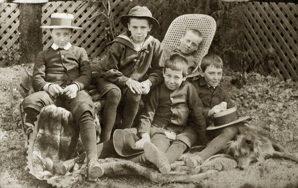 Five boys, Australia. Outdoors portrait of five small boys connected with the Brodribb family in the garden of the Brodribb family home 'Nundora'. Toowoomba, Australia, circa 1897. Toowoomba, Queensland, Australia, Australia, Oceania.